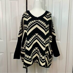 Audrey Ann Aztec B/W Print Poncho Sweater